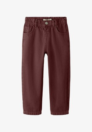 Burgundi színű pamut nadrág klasszikus öt zsebes kialakítással, elülső gombos záródással, egyenes lábakkal és finom textúrával.