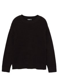 Crna majica od mekanog pletenog materijala, s okruglim izrezom, dugim rukavima i opuštenim krojem s rebrastim manžetama i rubom.