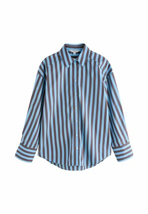 Long-sleeve shirt featuring alternating brown and light blue vertical stripes, collared with button closure, made from lightweight fabric.