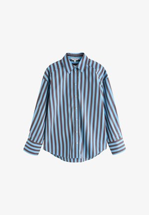 Long-sleeve shirt featuring alternating brown and light blue vertical stripes, collared with button closure, made from lightweight fabric.
