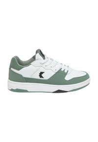 Grønne og hvide sneakers med en glat overflade, rund tå og snørebåndsdesign. Har perforeringer og et sort logo på siden.