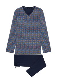 Long-sleeve, multicolored patterned shirt with a V-neck and navy pants featuring an elastic waistband and drawstring.
