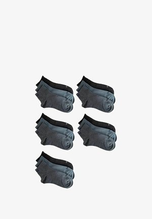 Sechs Paar Crew-Socken; zwei schwarz, zwei dunkelgrau, zwei hellgrau. Aus Baumwolle gefertigt, mit gerippten Bündchen und weichem Textil.