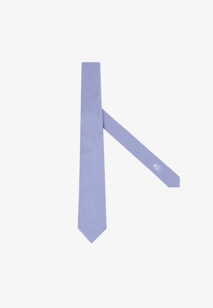 Cravate pour homme de couleur violet clair avec un petit motif géométrique répétitif, posée à plat avec l'extrémité étroite croisée derrière l'extrémité large.