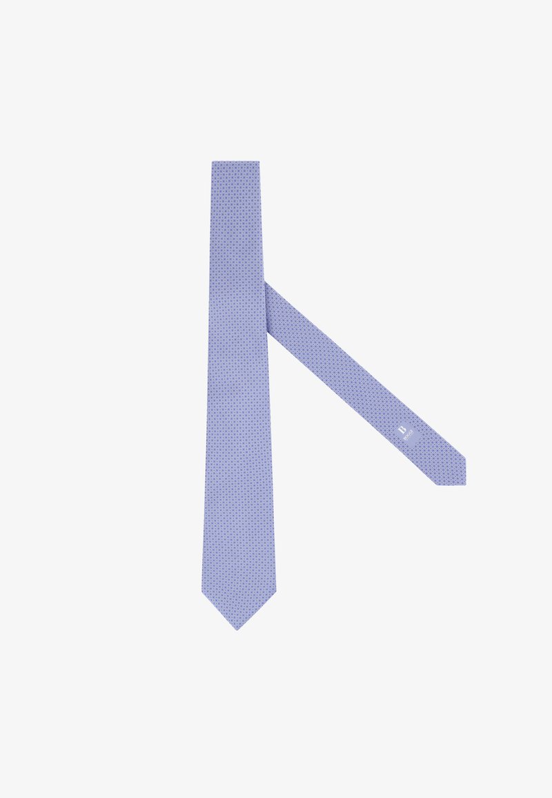 Cravate pour homme de couleur violet clair avec un petit motif géométrique répétitif, posée à plat avec l'extrémité étroite croisée derrière l'extrémité large.