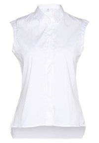 Blusa bianca senza maniche realizzata in cotone, con abbottonatura frontale, colletto a punta e orlo curvato. Texture liscia, senza fantasie.