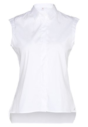 Witte, mouwloze blouse van katoen met een knoopsluiting aan de voorkant, puntige kraag en een gebogen zoom. Gladde textuur, geen patronen.