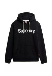 Sudadera negra de mezcla de algodón. Cuenta con un gran logo blanco de "Superdry.", capucha con cordones, bolsillo frontal y puños de canalé.