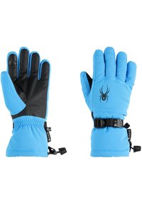 Blue insulated gloves with black leather palms, elastic wrist cuffs, adjustable straps, and spider logo detailing. Waterproof material.