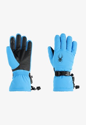 Gants isolés bleus avec paumes en cuir noir, poignets élastiques, sangles ajustables et détails en forme d'araignée. Matériau imperméable.