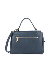 Borsa a mano in pelle blu navy con manico superiore e tracolla removibile; presenta una tasca frontale con zip e dettagli in metallo dorato.