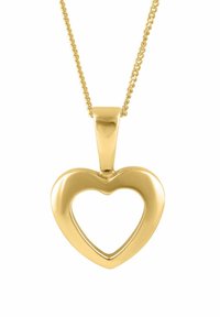 Auksinis širdies formos pakabukas su išpjauta vidine dalimi, pritvirtintas prie plonos grandinėlės. Lygi tekstūra, blizgus paviršius. Paprastas ir elegantiškas dizainas.