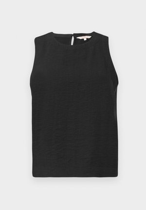 Svart ermeløs topp laget av teksturert stoff med rund halslinning og nøkkelhull-lukking på baksiden. Enkelt og minimalistisk design.