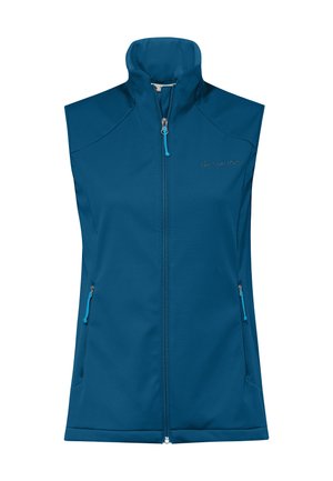 Gilet outdoor blu senza maniche con collo alto, zip frontale, tasche laterali con zip e logo Vaude sul petto.