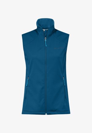 Gilet outdoor blu senza maniche con collo alto, zip frontale, tasche laterali con zip e logo Vaude sul petto.