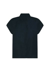 Camicia nera a maniche corte con colletto a punta, realizzata in un tessuto testurizzato, con una linea dritta e un design pulito e minimalista.