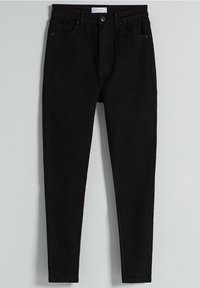 Pantalones vaqueros ajustados de mezclilla negra con cintura alta, diseño de cinco bolsillos, costuras sutiles y cierre de cremallera con botón de metal.