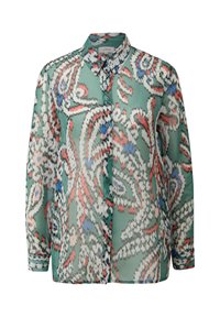 Blouse à manches longues boutonnée avec col, avec une base verte et un motif cachemire abstrait en blanc, corail, bleu et noir.