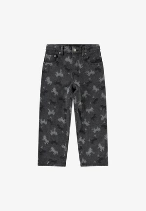 Temno sivi jeans z natisnjenim vzorcem enorogov v svetlejših odtenkih. Klasičen pet-pocket dizajn s ravnim krojem hlač.