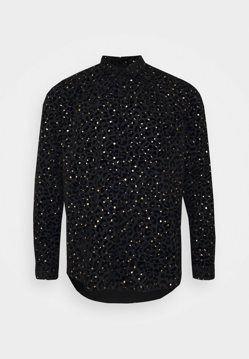 Zwart overhemd met knopen, voorzien van een luipaardprint met gouden accenten, gemaakt van een getextureerde stof, met een kraag en lange mouwen.