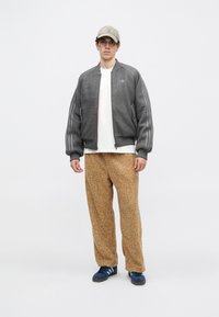 Tânăr îmbrăcat cu o jachetă bomber gri, un tricou alb, pantaloni bej texturați, adidași albaștri și o șapcă de baseball gri deschis, stând pe un fundal alb.