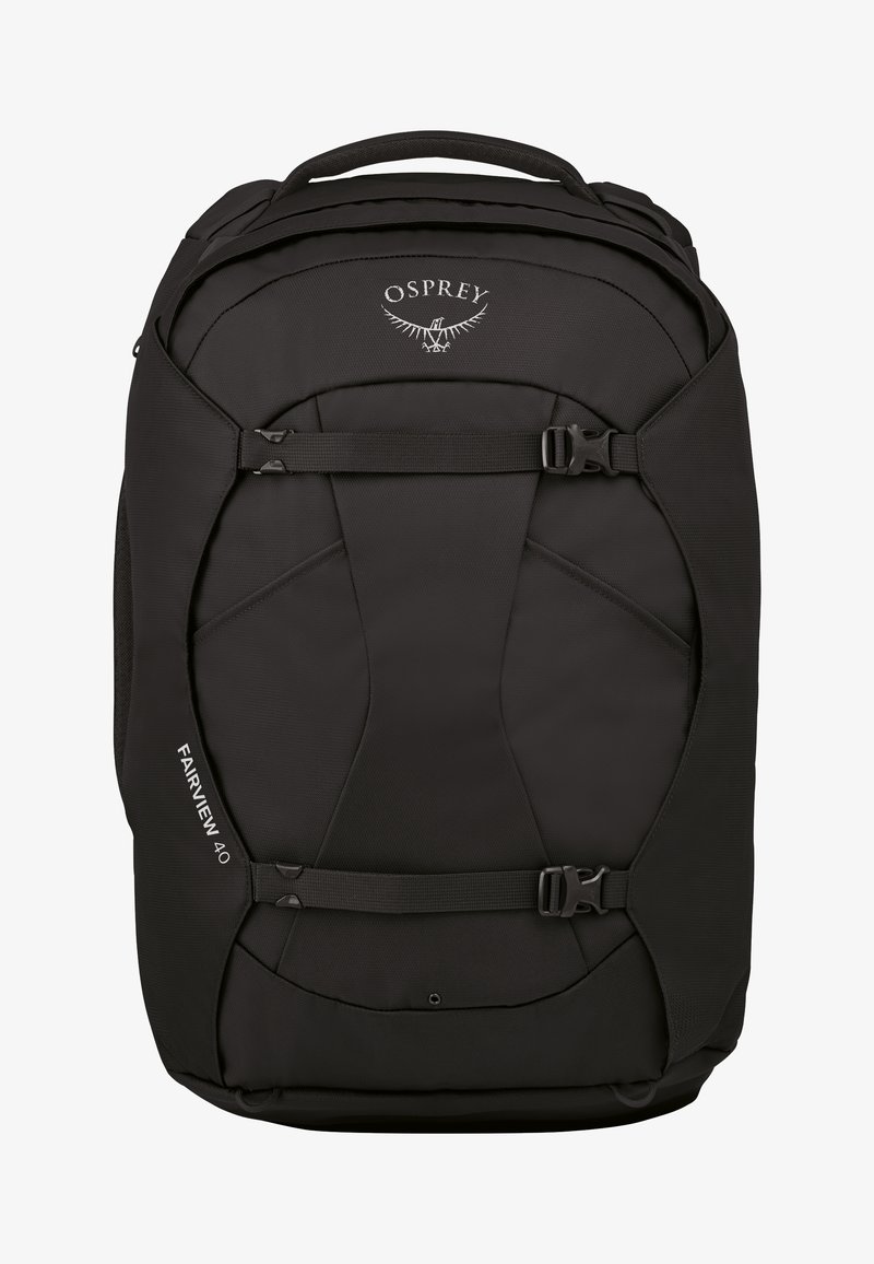 Sac à dos Fairview 40 noir Osprey avec finition texturée, bretelles ajustables et double boucles pour une fermeture sécurisée et un accès facile.