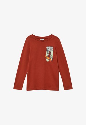Rostfarbendes Langarmshirt mit einem Grafikmotiv eines Skateboard fahrenden Monsters und dem Text "Meister des Spaßes" auf der linken Brust.