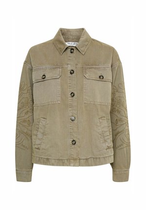 Khaki-Denimjacke mit Kragen, vorderem Knopfverschluss, zwei Brusttaschen und Seitentaschen. Verfügt über ein gesticktes Blumendesign am Ärmel.