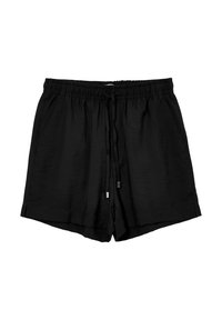 Pantaloni corti neri realizzati in tessuto leggero con vita elastica, dettaglio con cordino e tasche laterali. Design semplice e casual senza fantasie.