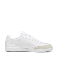 White sneakers with a smooth leather upper, suede toe cap in light grey, flat white laces, and a minimalist design. Stitched detailing visible.