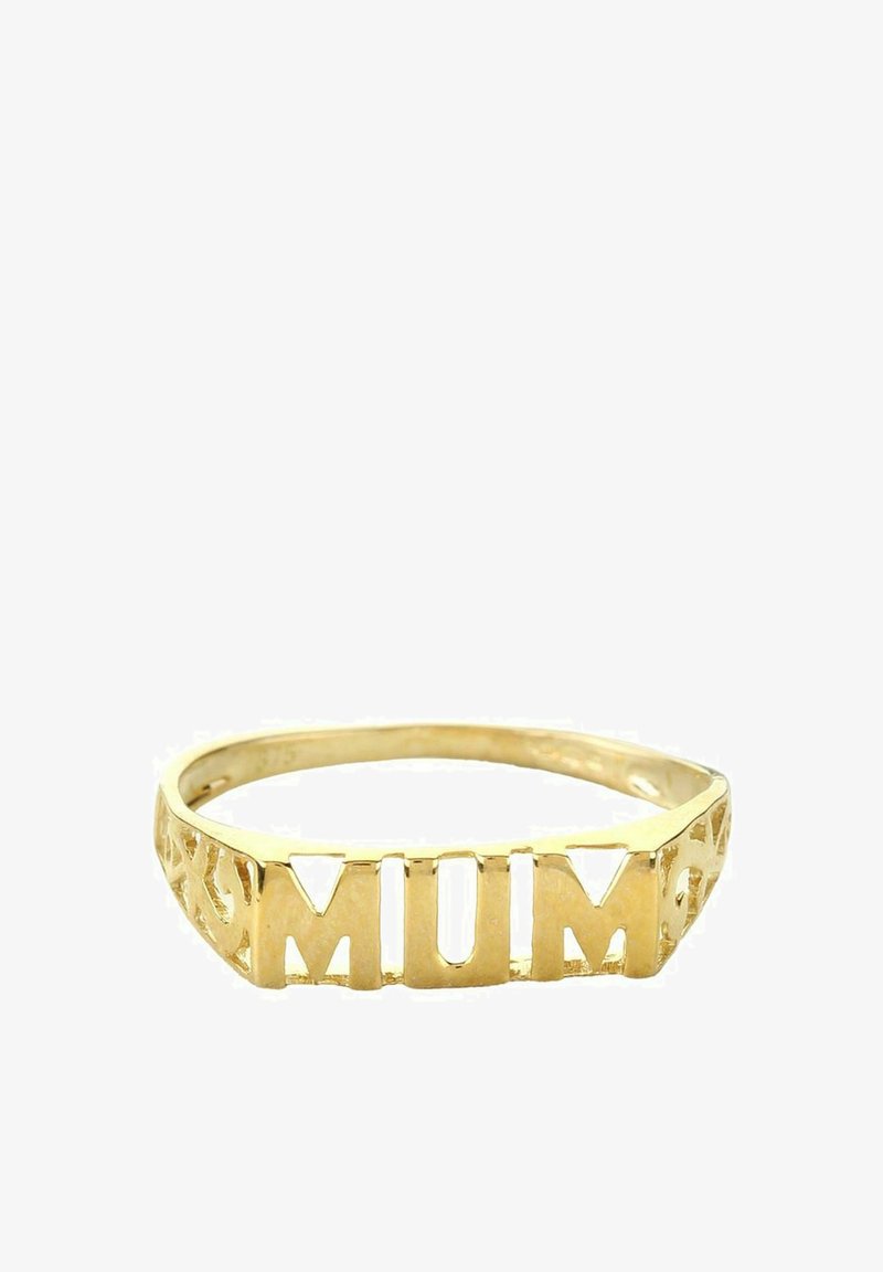 Prsten u zlatnoj boji s izrezbarenim slovima koja tvorE riječ "MAMA". Jednostavan dizajn trake s glatkom završnom obradom i otvorenim detaljima sa strana.