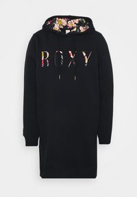 Robe noire à capuche avec texte "ROXY" en imprimé floral, et une doublure intérieure à motif floral. Fabriquée en tissu doux et confortable.