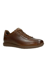 Sneaker in pelle marrone caratterizzato da una texture liscia, punta arrotondata, lacci spessi e una suola in gomma flessibile. Design semplice con accenti minimi.