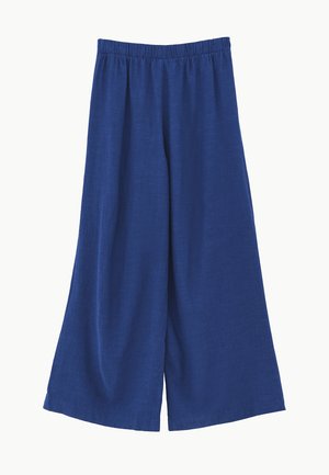 Weit geschnittene Hose aus einfarbigem blauem Stoff mit elastischem Bund, entworfen für eine lockere und bequeme Passform.