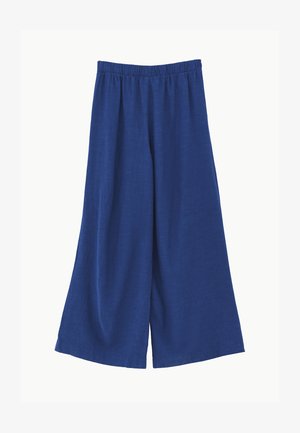 Wijd uitlopende broek in effen blauwe stof met elastische tailleband, ontworpen voor een losse en comfortabele pasvorm.