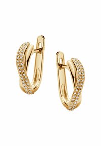 Złote kolczyki z skręconym wzorem, ozdobione rzędem przezroczystych cyrkonii z jednej strony, polerowaną powierzchnią i bezpiecznym zapięciem.