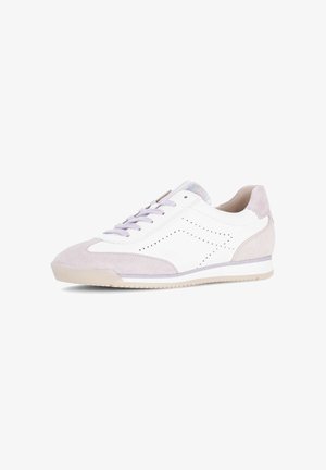 White and light gray low-top sneaker with perforated side details, fabric laces, suede accents, and a beige rubber sole.