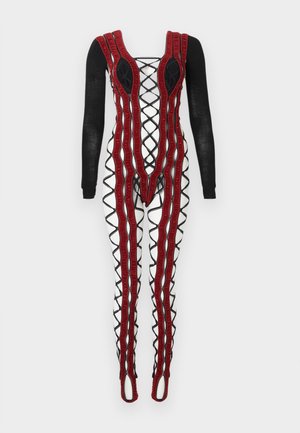 Heldragt med sorte lange ærmer, hvide ben med sort krydsmønster og kraftige røde strukturerede lodrette striber foran og på benene.