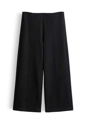 Zwarte wijde broek met een gestructureerde stof met subtiele sprankeltjes, een hoge taille en scherpe voorplooien voor een gedefinieerde silhouet.