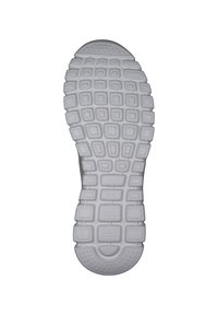 Sohle eines Sneakers, gefertigt aus strukturiertem weißem Gummi mit rechteckigen und runden Mustern für Trittfestigkeit. Flaches Profil mit abgerundeten Kanten.