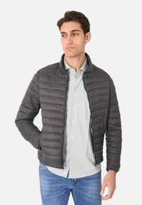 Giubbotto imbottito grigio con motivo a righe orizzontali, chiusura a zip, colletto rialzato e due tasche laterali, indossato sopra una camicia a righe blu e bianche.