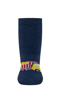 Granatowe skarpetki bawełniane z kolorowym, dzianym wzorem ciężarówki na kostce. Struktura rib, długość do kostki.