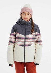 Veste avec capuche, présentant un haut gris et une partie inférieure à motifs rose et blanche, fabriquée à partir d'un matériau doux ressemblant à du velours côtelé.