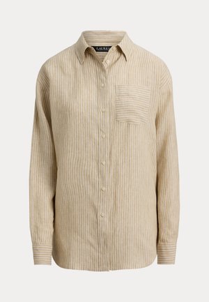 Μπεζ και λευκό πουκάμισο με κάθετες ρίγες, μακρυμάνικο, με κουμπιά, γιακά και μία τσέπη στο στήθος.