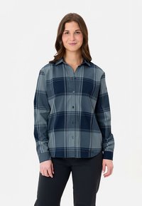 Button-down geruit overhemd in marineblauw en lichtgrijs, met lange mouwen, een kraag en een ontspannen pasvorm met een zachte textuur.