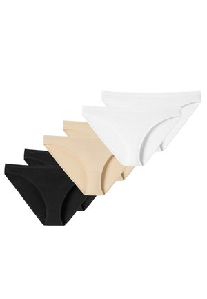 Verpakking van vier slipjes in zwart, beige en wit. Voorzien van een soepele elastische tailleband, van katoenmix materiaal en een klassiek slipontwerp.