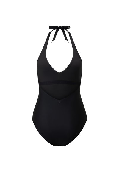 Black one-piece swimsuit with a deep V-neck, halter neck tie, contrasting band across the waist, and smooth texture. No patterns or hardware.