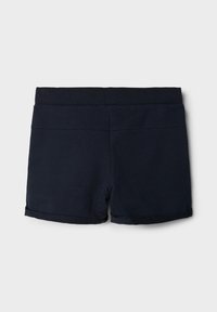 Navy cotton shorts featuring a folded hem, elastic waistband, and smooth texture. Simple design with no visible pockets or embellishments.