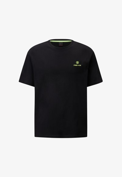 Black cotton t-shirt with a round neckline. Features green logo and text "FIRE + ICE" on the chest. Short sleeves, relaxed fit.