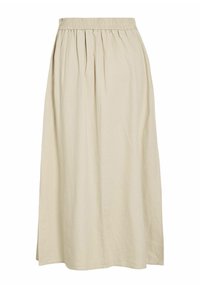 Jupe en coton beige avec une taille élastique, dotée de plis verticaux et d'un design ample et fluide, atteignant la longueur mi-mollet.